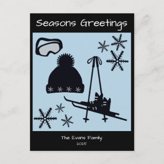 Carte Postale Skis, chapeau, lunettes & flocons de neige vacance