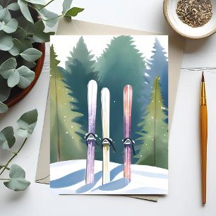 Carte Postale Skis dans la Neige   Aquarelle de Skieur de Forêt 