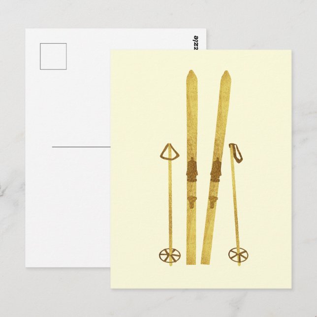Carte Postale Skis Et Poles D'Or | Crème d'illustration Retro Sk (Devant / Derrière)