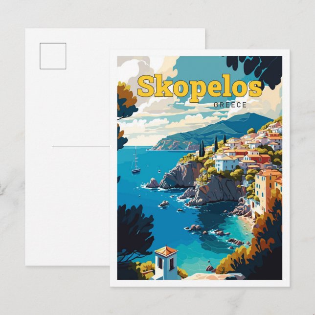 Carte Postale Skopelos Grèce Art Voyage Illustration Vintage (Devant / Derrière)