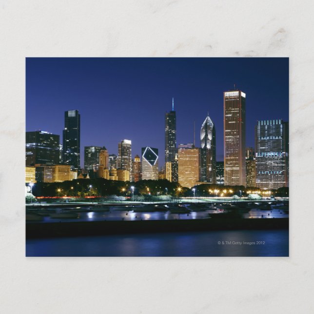 Carte Postale Skyline du centre-ville de Chicago la nuit (Devant)