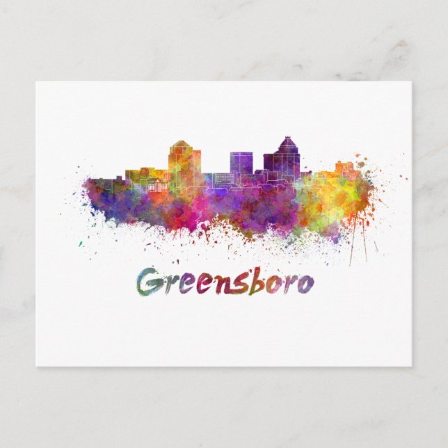 Carte Postale Skyline Greensboro en aquarelle (Devant)