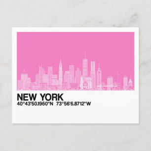 Carte Postale Skyline New York + Coordonnées en rose