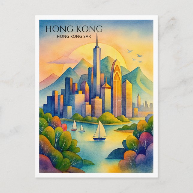 Carte postale Skyline Watercolor Hong Kong | Voyag (Devant)