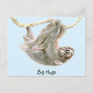 Carte Postale Sloth, bébé avec maman qui bouffe "Big Hugs"