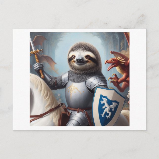 Carte Postale Sloth Knight Fighting Dragons (Devant)
