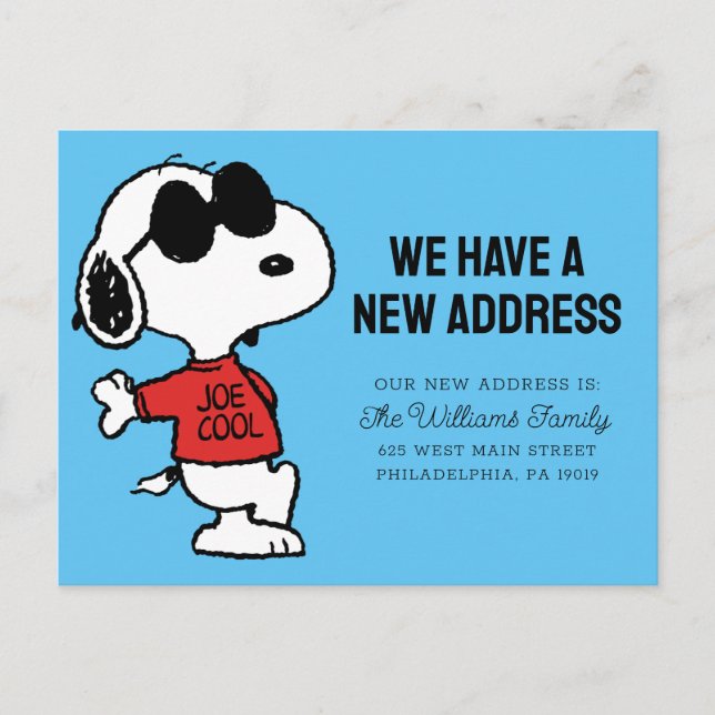 Carte Postale Snoopy "Joe Cool" | Nous avons une nouvelle adress (Devant)