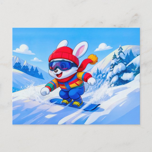 Carte Postale Snow Hare Snowboarding on a Winter Mountain (Devant)