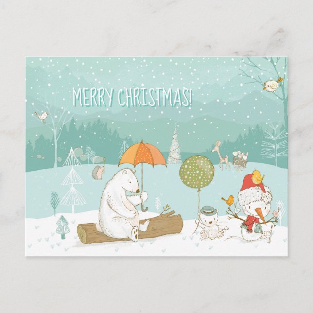 Carte Postale Snow Landscape Scene Bears and Snowman Christmas (Devant)
