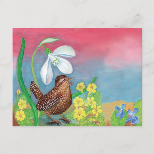 Carte Postale Snowdrop & wren oiseau & ressort (Devant)