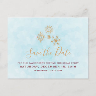 Carte Postale Snowflakes Gold sur Blue Frost Enregistrer la date