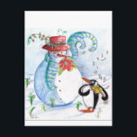 CARTE POSTALE SNOWMAN AND PENGUIN'S WINTER SERENADE<br><div class="desc">Whimsical, colorful original pastel painting in blue white red colors, snowman and penguin playing violin in winter snow with red flowers, flourishes.by Bulgan Lumini (c)</div>