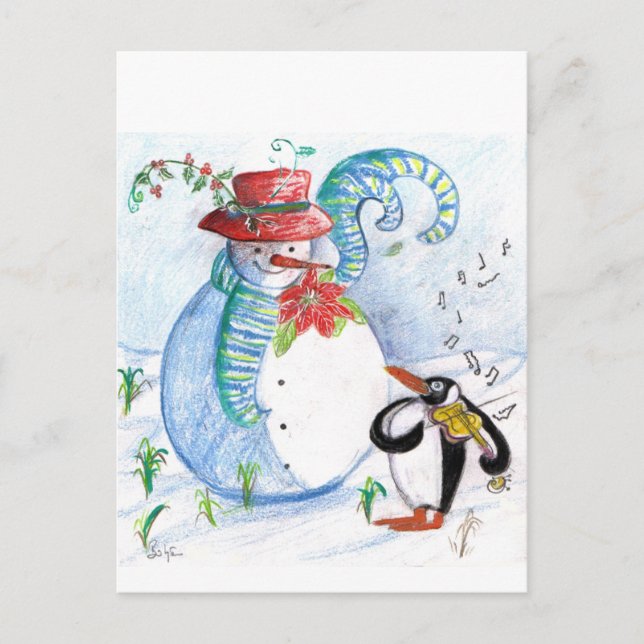 CARTE POSTALE SNOWMAN AND PENGUIN'S WINTER SERENADE (Devant)