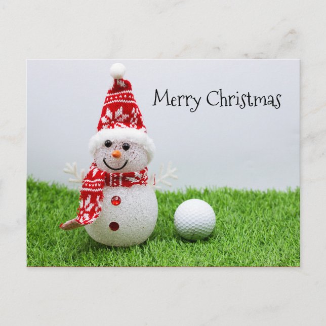 Carte Postale Snowman avec balle de golf sur herbe verte Noël (Devant)