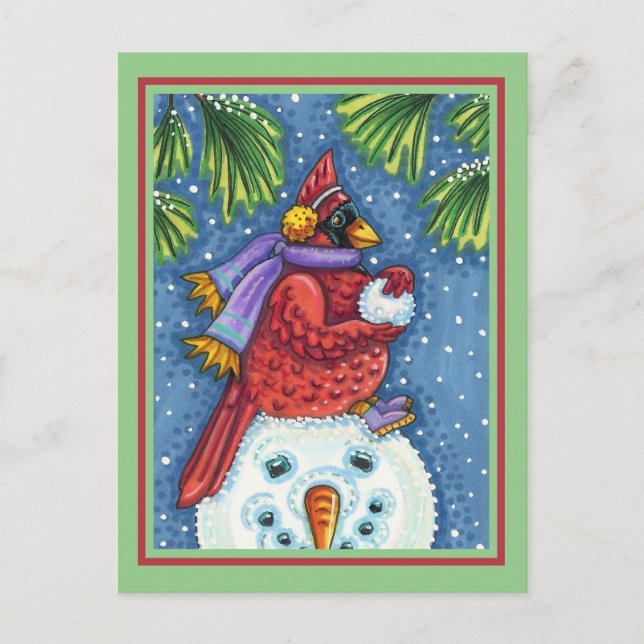 CARTE POSTALE SNOWMAN BODYGUARD, CHRISTMAS CARDINAL REDBIRD (Devant)