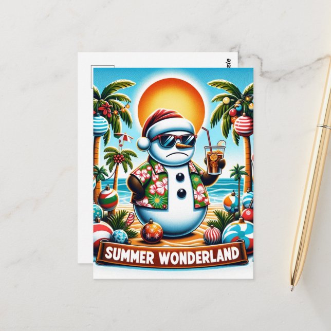 Carte Postale Snowman dans une Wonderland d'été (Devant/Arrière en situation)