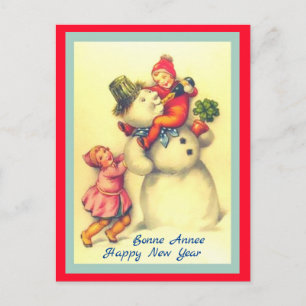 Carte Postale Snowman de Nouvel An vintage avec enfants (copie)