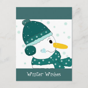 Carte Postale Snowman en vert Turquoise Casquette et Écharpe