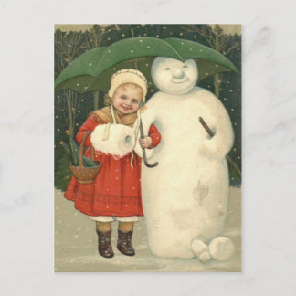Carte Postale Snowman Girl parapluie neige chute