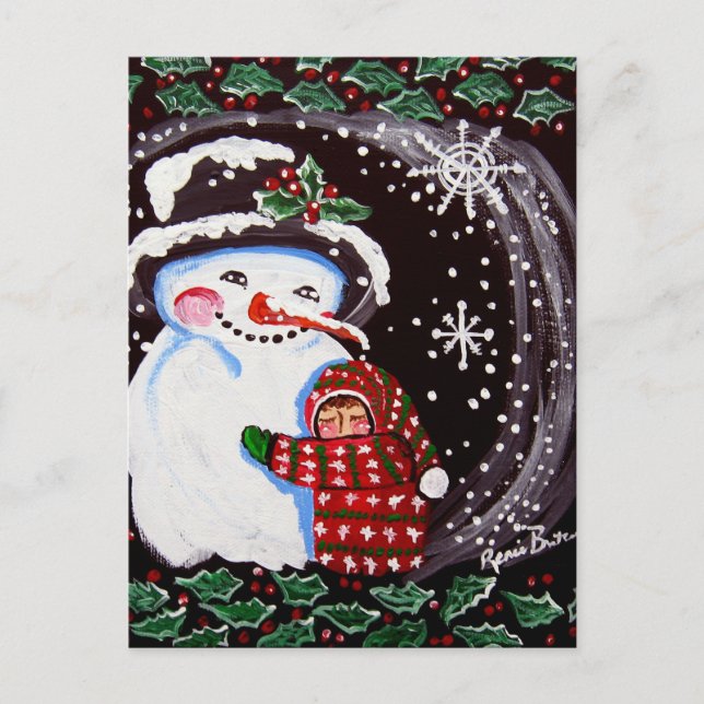 Carte Postale Snowman Hug Winter Folk art (Devant)