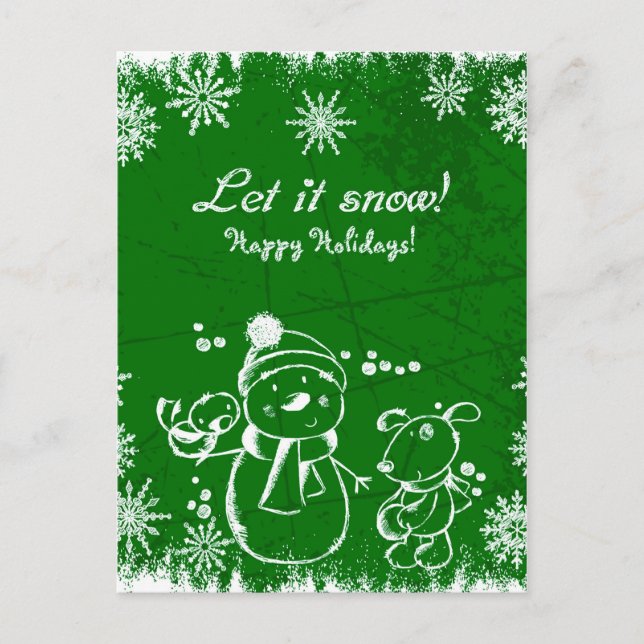 Carte Postale Snowman, Oiseau Et Chien Sur Arrière - plan Vert (Devant)