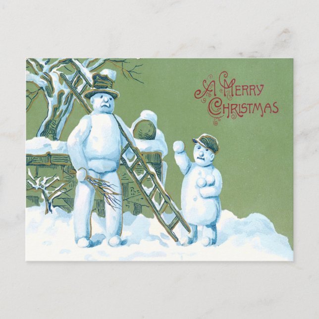 Carte Postale Snowman Père Et Fils Échelle De Neige Snowball (Devant)