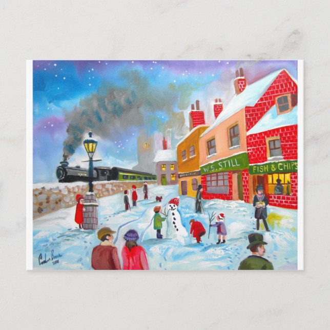 Carte Postale Snowman scène d'hiver folk art peinture train (Devant)