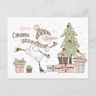 Carte Postale Snowman Ski avec Arbre de Noël et cadeaux