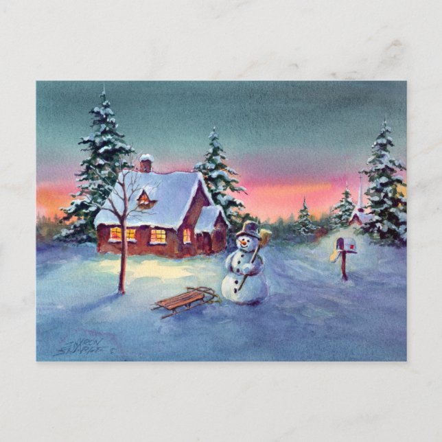 Carte Postale SNOWMAN & SLED par SHARON SHARPE (Devant)