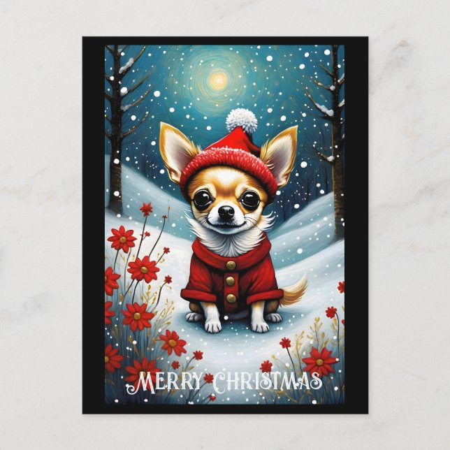 Carte Postale Snowy Cute Chihuahua Floral Père Noël Noël (Devant)