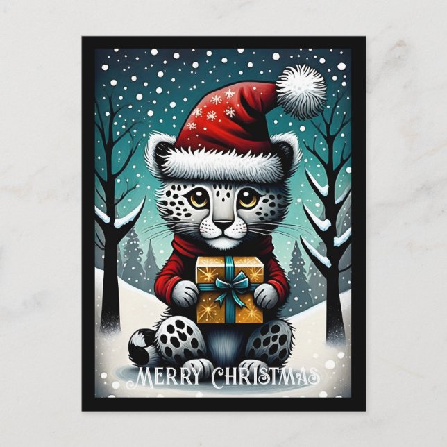 Carte Postale Snowy mignon bébé Snow Leopard Père Noël cadeau de (Devant)