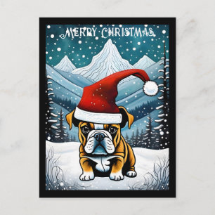 Carte Postale Snowy Mountain Cute Bulldog Père Noël Noël