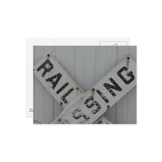 Carte Postale Snowy Rail Crossing Sign (Devant/Arrière en situation)