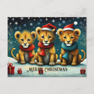 Carte Postale Snowy Winter mignonne Père Noël Baby Lions Noël