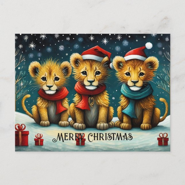 Carte Postale Snowy Winter mignonne Père Noël Baby Lions Noël (Devant)