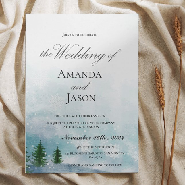 Carte Postale Snowy Winter Morning Blue Hues Faire-part de maria (Snowy Winter Morning Blue Hues Wedding Invitation Postcard)