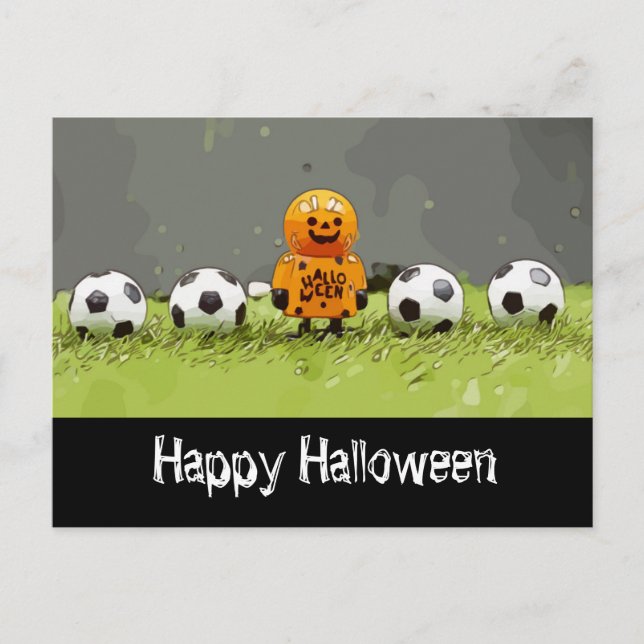 Carte Postale Soccer Happy Halloween avec des boules sur herbe v (Devant)