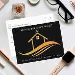 Carte Postale Société immobilière personnalisée Black Gold<br><div class="desc">Cette chic société immobilière marketing carte postale est faite sur mesure avec votre entreprise immobilière et nom de l'agent. Cette pub classée de réalisateur noir et or présente une jolie maison avec une girouette météo sur le dessus et des courbes épurées sous le dessous. Personnalisez ces cartes postales de promotion...</div>