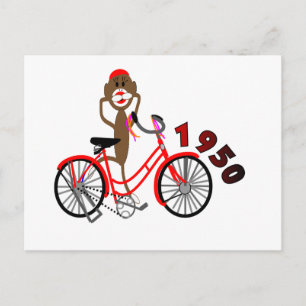 Carte Postale Sock Monkey % 1950's Bicycle Drawing - Unique