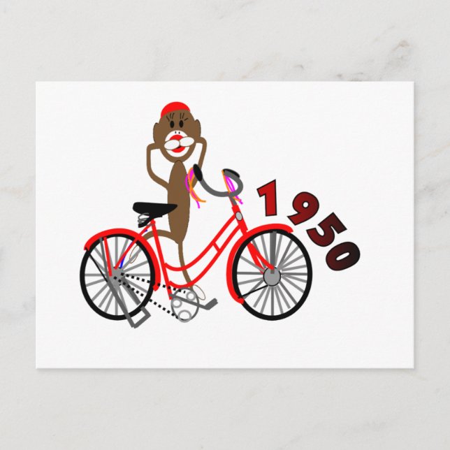 Carte Postale Sock Monkey % 1950's Bicycle Drawing - Unique (Devant)