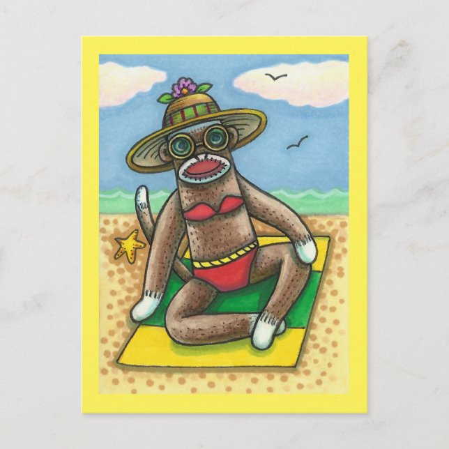 Carte Postale SOCK MONKEY RED BIKINI, AU CARTOON DE PLAGE Drôle (Devant)