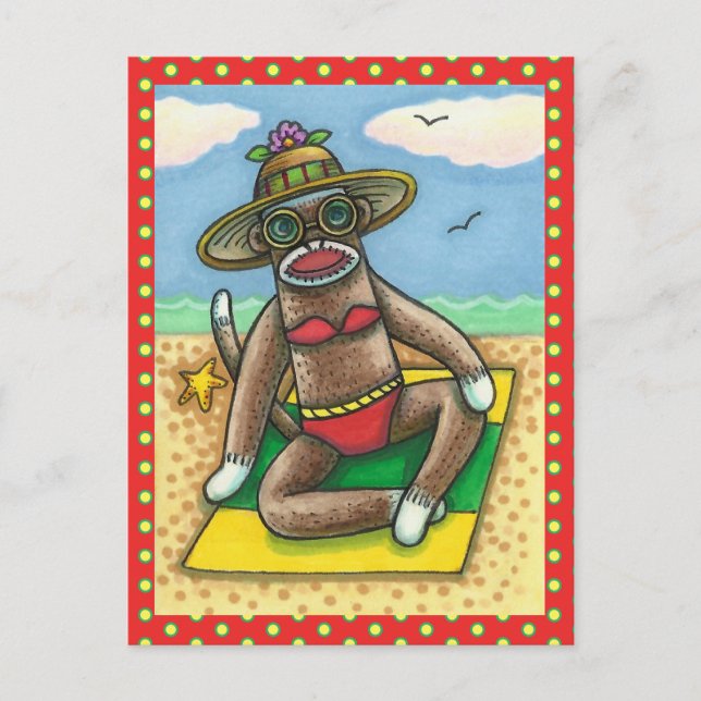 Carte Postale SOCK MONKEY RED BIKINI, AU CARTOON DE PLAGE Drôle (Devant)