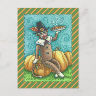 CARTE POSTALE SOCK MONKEY THANKSGIVING ET CITROUILLE PIE