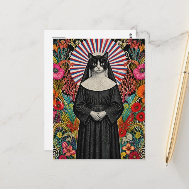 Carte Postale Sœur Kitty la nonne chat (Devant/Arrière en situation)
