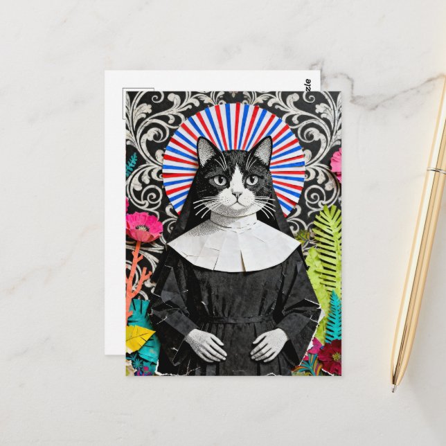 Carte Postale Sœur unique Kitty la nonne chat Collage (Devant/Arrière en situation)