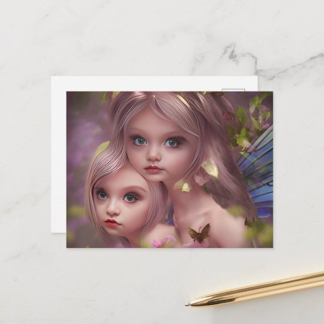 Carte Postale Soeurs des fées parmi les fleurs de la forêt (Devant/Arrière en situation)