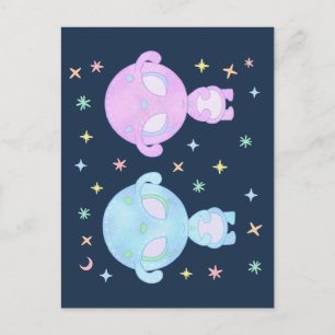 Carte Postale Sœurs jumelles aliens pastel Art cosmique kawaii