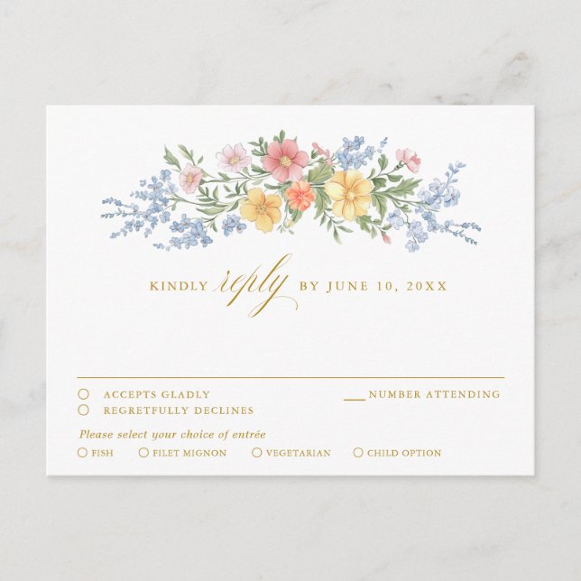Carte Postale Soft Pastel Ornate Spring Garden Floral gold RSVP (Devant)