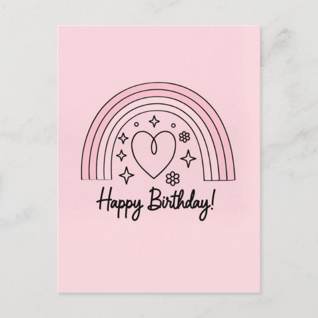 Carte Postale Soft pink minimalist heart with rainbow birthday (Devant)