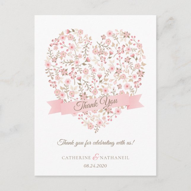 Carte Postale Soft rose Mariage de coeur Floral Merci (Devant)